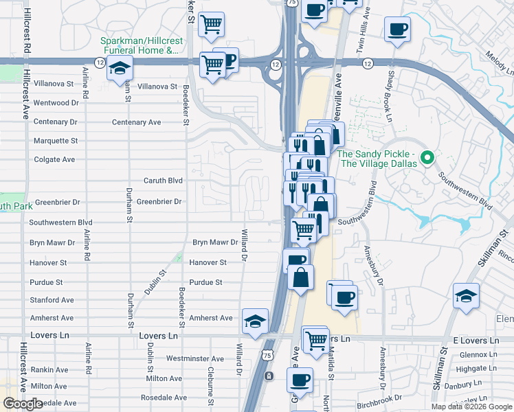 map of restaurants, bars, coffee shops, grocery stores, and more near 7983 Caruth Court in Dallas