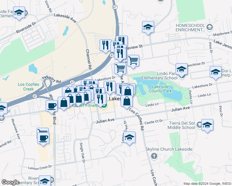 map of restaurants, bars, coffee shops, grocery stores, and more near 9825 River Street in Lakeside