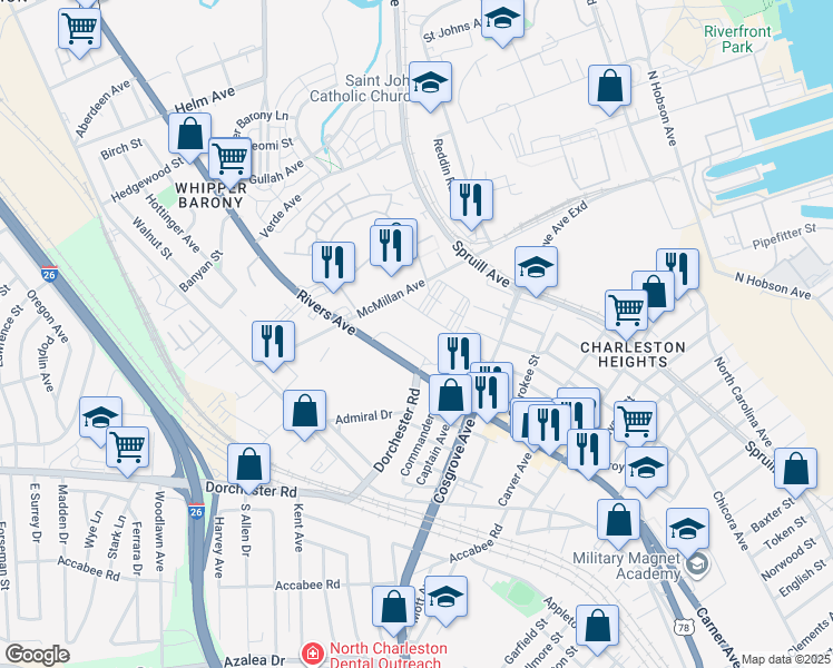 map of restaurants, bars, coffee shops, grocery stores, and more near 3600 Rivers Avenue in North Charleston