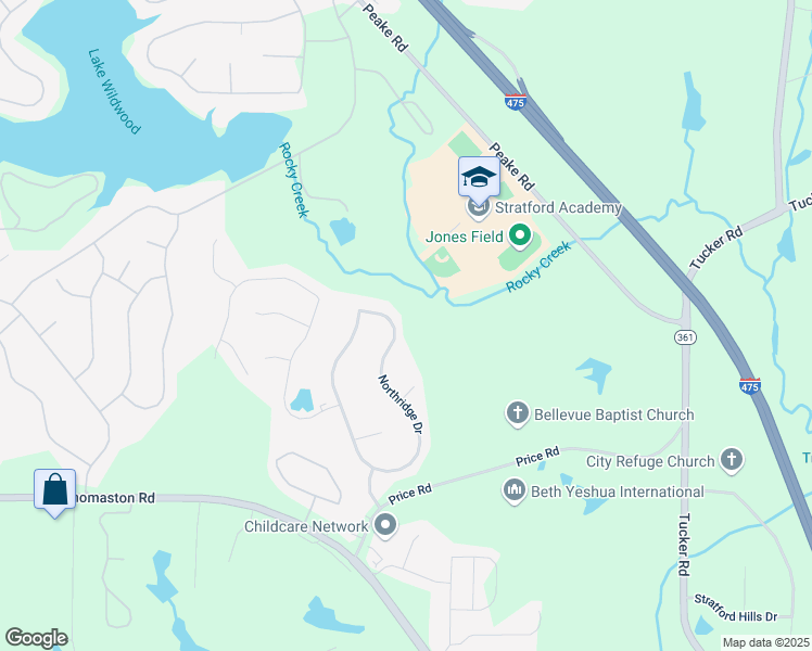 map of restaurants, bars, coffee shops, grocery stores, and more near 206 Northridge Drive in Macon