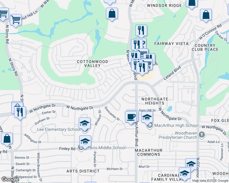 map of restaurants, bars, coffee shops, grocery stores, and more near 1226 West Northgate Drive in Irving