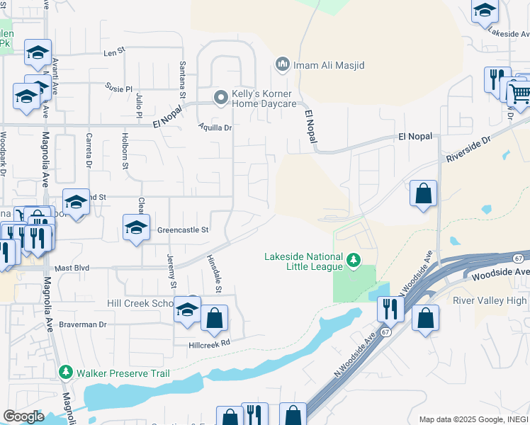 map of restaurants, bars, coffee shops, grocery stores, and more near 11054 Columbus Street in Santee