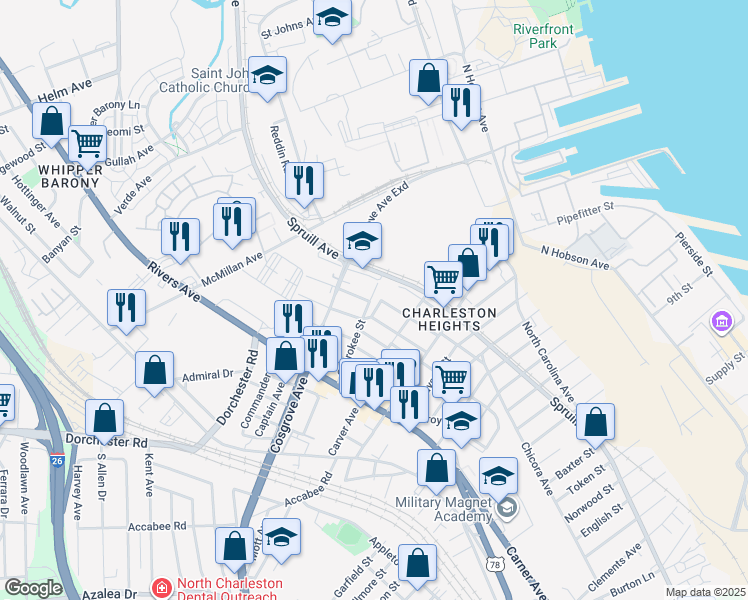 map of restaurants, bars, coffee shops, grocery stores, and more near 3336 Kraft Avenue in North Charleston