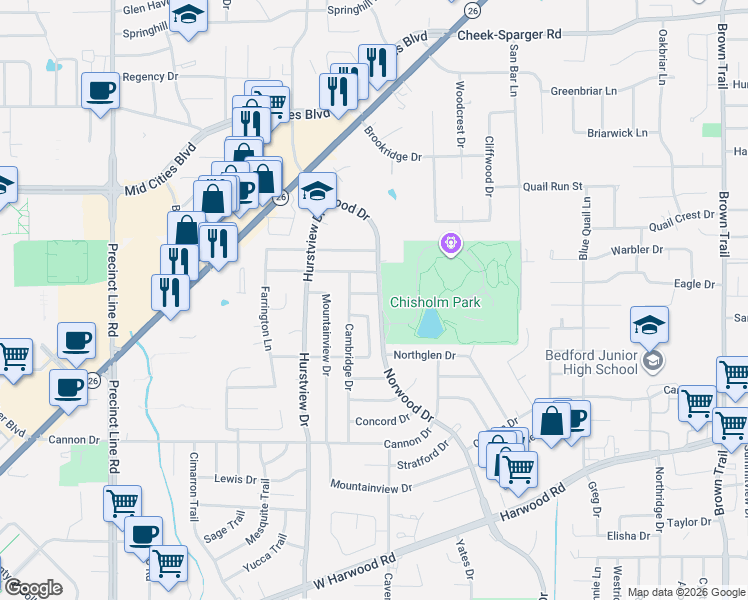 map of restaurants, bars, coffee shops, grocery stores, and more near 2200 Norwood Drive in Hurst