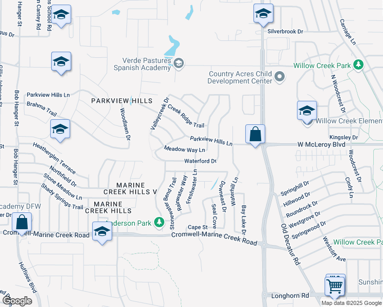 map of restaurants, bars, coffee shops, grocery stores, and more near 6628 Meadow Way Lane in Fort Worth