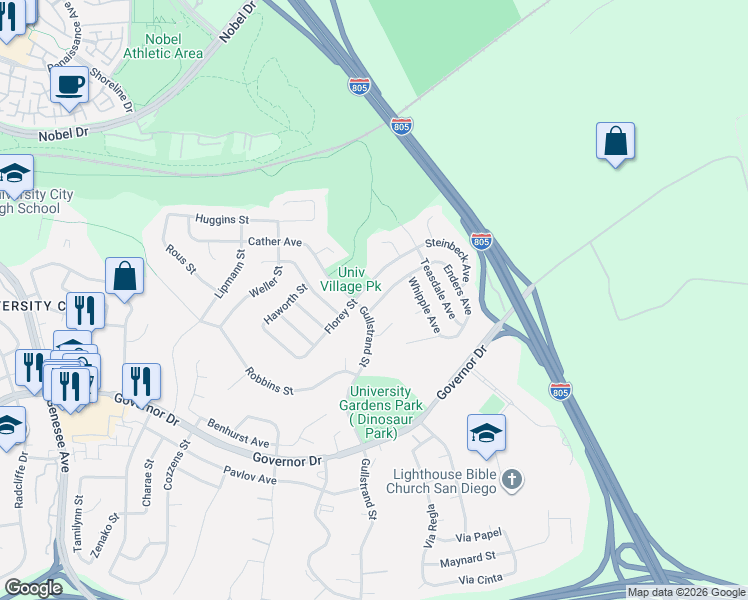map of restaurants, bars, coffee shops, grocery stores, and more near 7132 Werner Street in San Diego