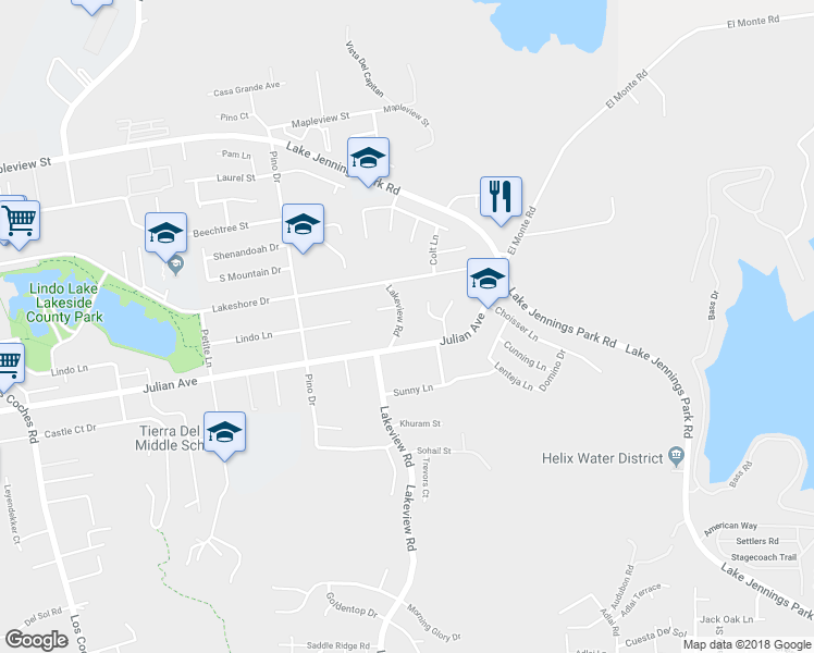 map of restaurants, bars, coffee shops, grocery stores, and more near 9731 Lakeview Road in Lakeside