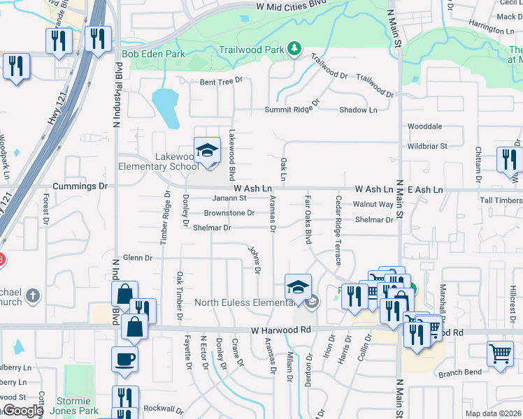 map of restaurants, bars, coffee shops, grocery stores, and more near 505 Brownstone Drive in Euless