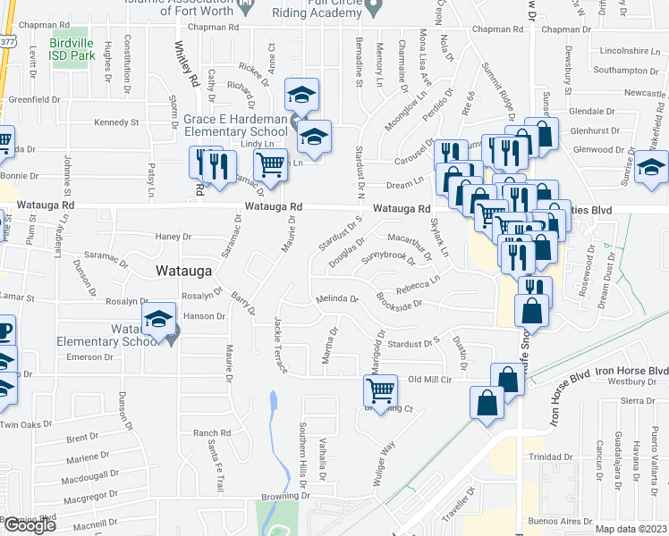 map of restaurants, bars, coffee shops, grocery stores, and more near 6212 Douglas Drive in Watauga