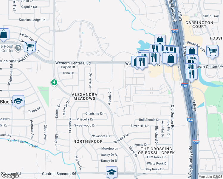 map of restaurants, bars, coffee shops, grocery stores, and more near 6256 Adonia Drive in Fort Worth