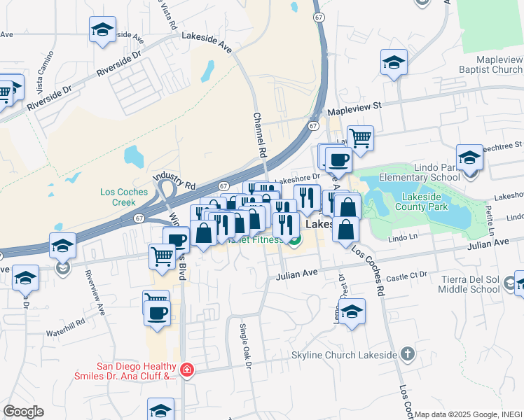 map of restaurants, bars, coffee shops, grocery stores, and more near 12328 Woodside Avenue in Lakeside