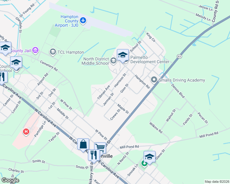 map of restaurants, bars, coffee shops, grocery stores, and more near 214 Maple Street in Varnville