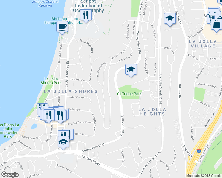map of restaurants, bars, coffee shops, grocery stores, and more near 8316 Prestwick Drive in San Diego