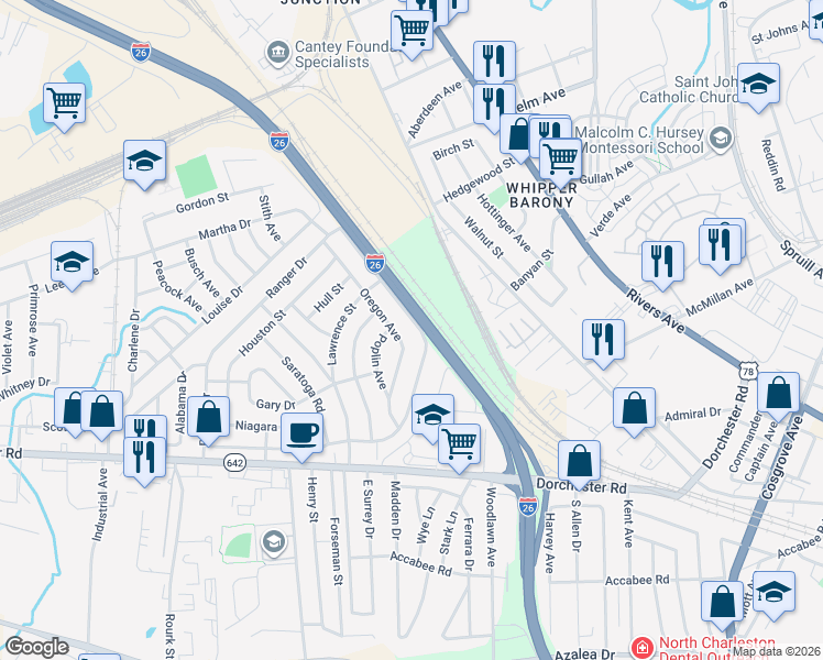 map of restaurants, bars, coffee shops, grocery stores, and more near 2649 Oregon Avenue in North Charleston