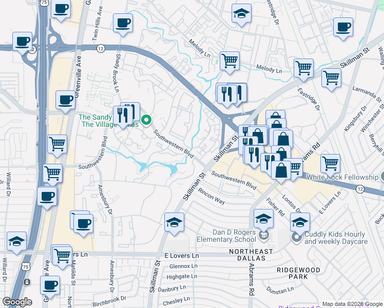 map of restaurants, bars, coffee shops, grocery stores, and more near 8885 Southwestern Boulevard in Dallas