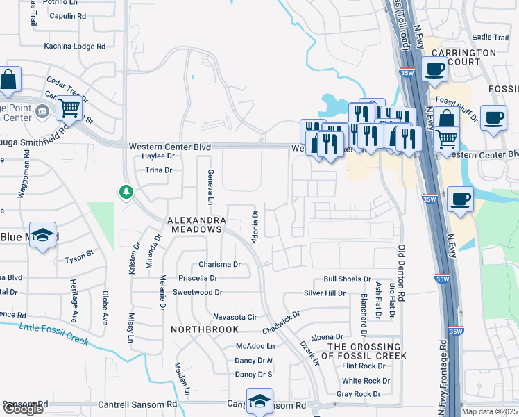 map of restaurants, bars, coffee shops, grocery stores, and more near 6256 Adonia Drive in Fort Worth