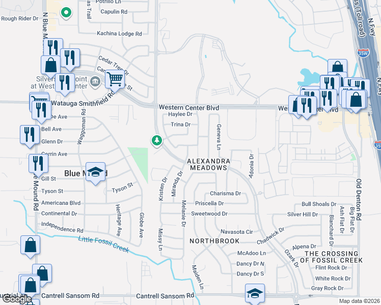 map of restaurants, bars, coffee shops, grocery stores, and more near 6401 Miranda Drive in Fort Worth