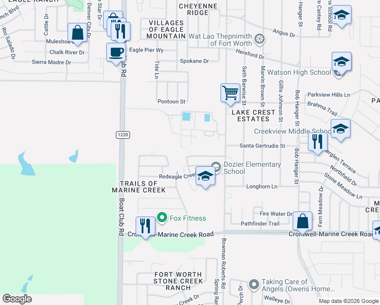 map of restaurants, bars, coffee shops, grocery stores, and more near 6273 Thunderwing Drive in Fort Worth