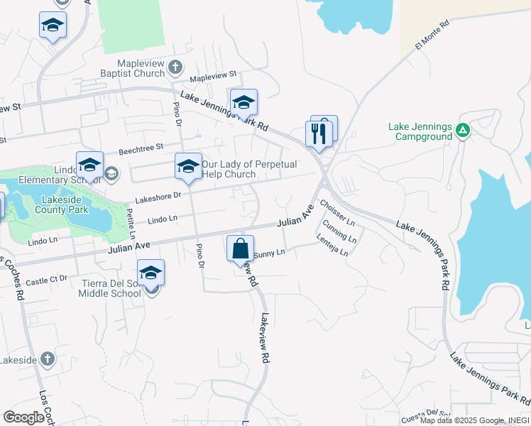 map of restaurants, bars, coffee shops, grocery stores, and more near 9731 Lakeview Road in Lakeside