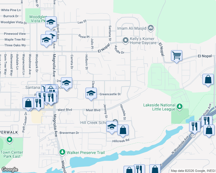 map of restaurants, bars, coffee shops, grocery stores, and more near 9948 Kincaid Street in Santee
