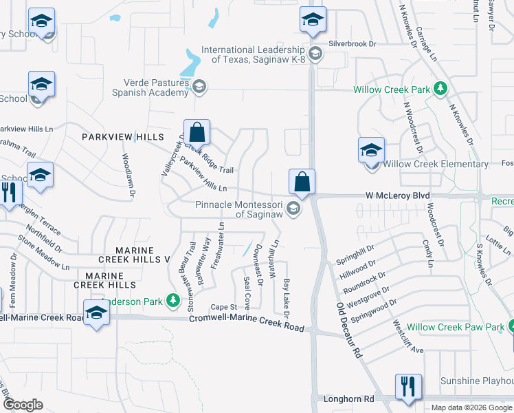 map of restaurants, bars, coffee shops, grocery stores, and more near 4821 Waterford Drive in Fort Worth