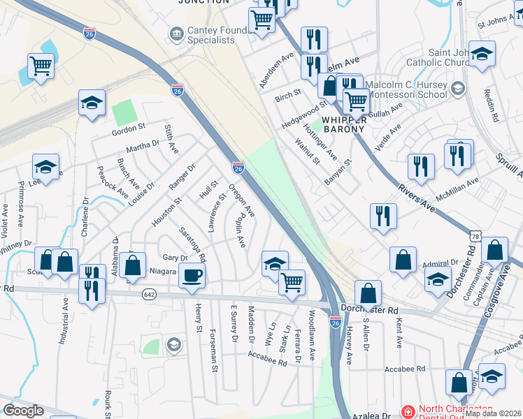 map of restaurants, bars, coffee shops, grocery stores, and more near 2649 Oregon Avenue in North Charleston