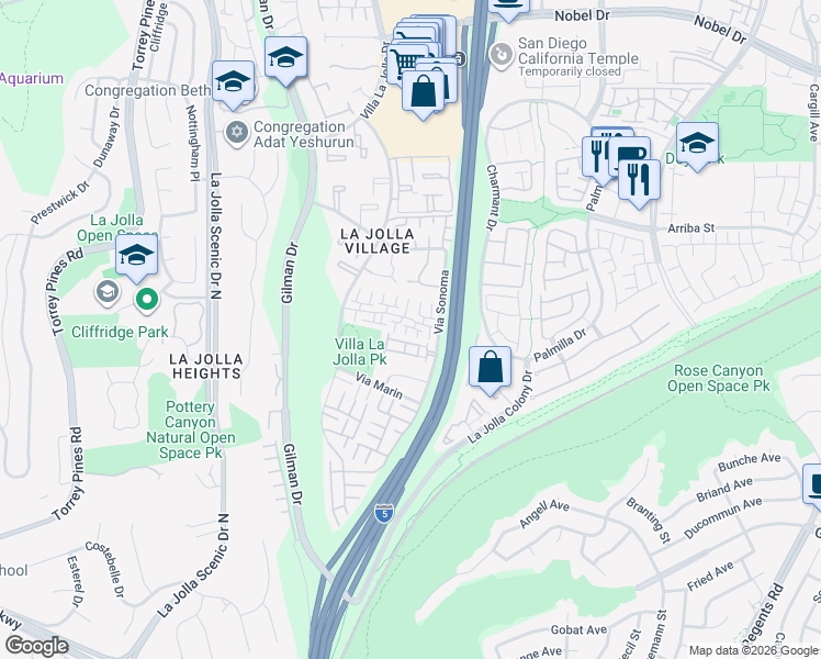 map of restaurants, bars, coffee shops, grocery stores, and more near 8350 Via Sonoma in San Diego