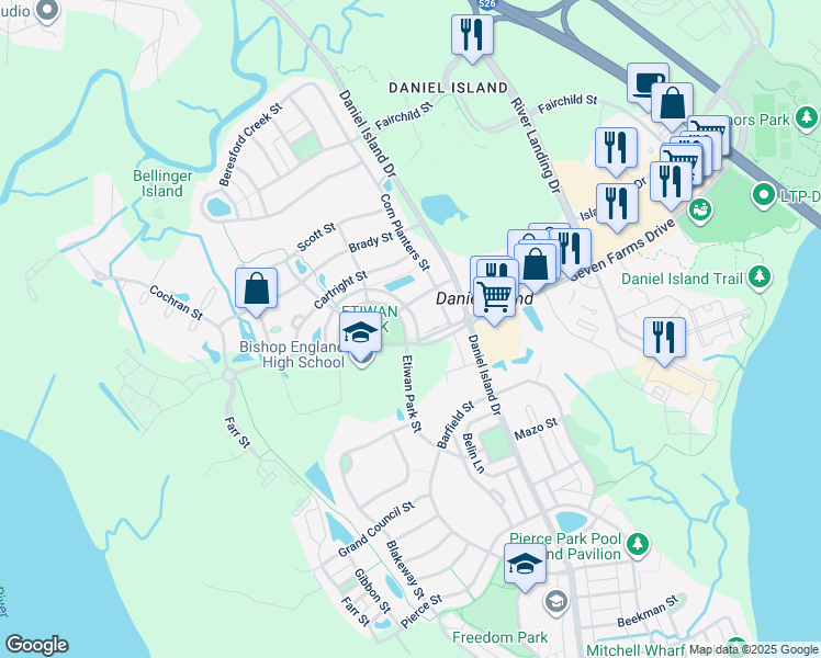 map of restaurants, bars, coffee shops, grocery stores, and more near 110 Proprietors Lane in Charleston