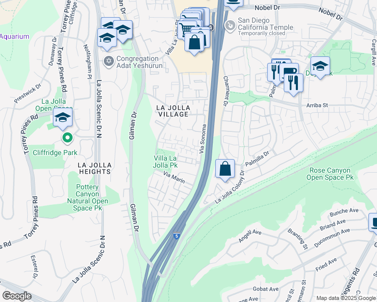 map of restaurants, bars, coffee shops, grocery stores, and more near 8350 Via Sonoma in San Diego