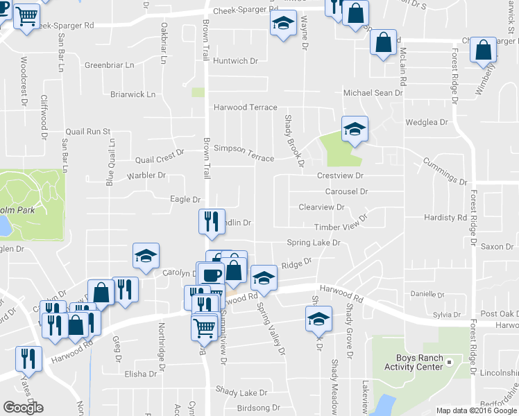 map of restaurants, bars, coffee shops, grocery stores, and more near 3300 Spring Valley Drive in Bedford