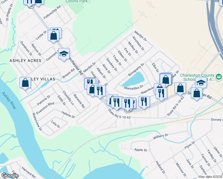 map of restaurants, bars, coffee shops, grocery stores, and more near 4216 Oakridge Drive in North Charleston