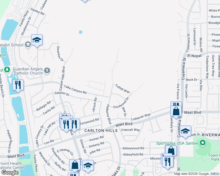 map of restaurants, bars, coffee shops, grocery stores, and more near 9844 Halberns Boulevard in Santee