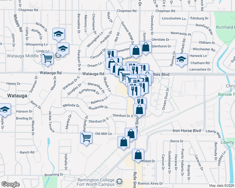 map of restaurants, bars, coffee shops, grocery stores, and more near 6153 Skylark Lane in Watauga