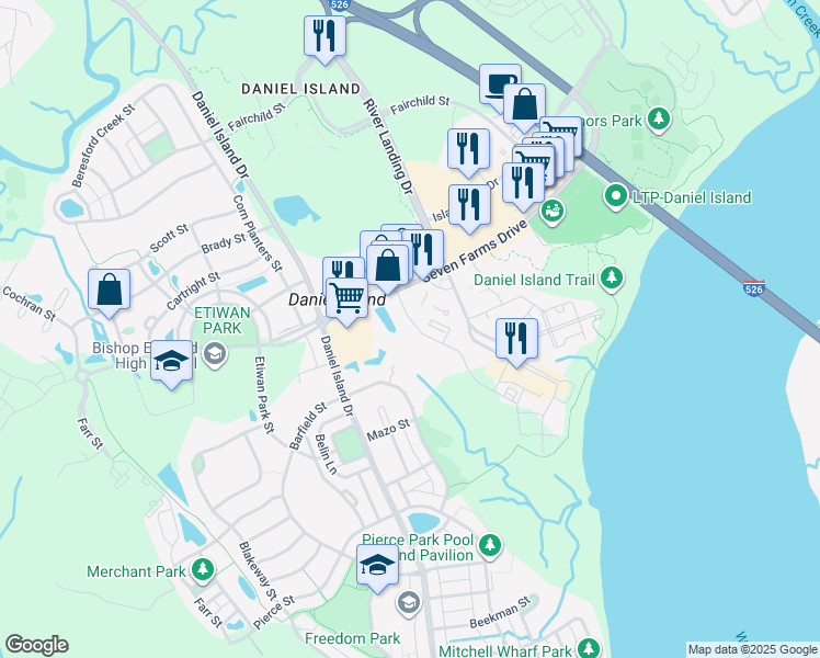 map of restaurants, bars, coffee shops, grocery stores, and more near 125 Pier View Street in Charleston