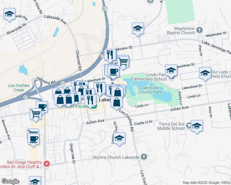 map of restaurants, bars, coffee shops, grocery stores, and more near 9825 Maine Avenue in Lakeside