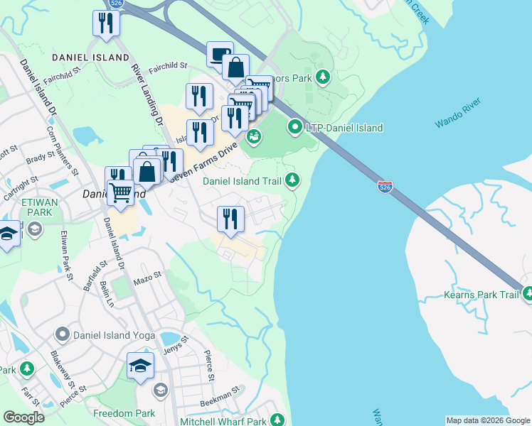 map of restaurants, bars, coffee shops, grocery stores, and more near 130 River Landing Drive in Charleston