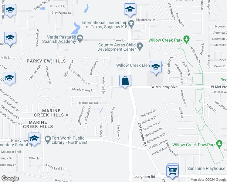map of restaurants, bars, coffee shops, grocery stores, and more near 6708 Waterhill Lane in Fort Worth
