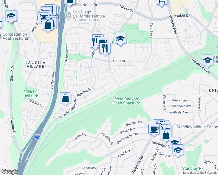 map of restaurants, bars, coffee shops, grocery stores, and more near 4185 Caminito Cassis in San Diego