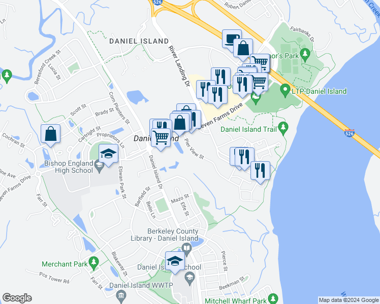 map of restaurants, bars, coffee shops, grocery stores, and more near 125 Pier View Street in Charleston
