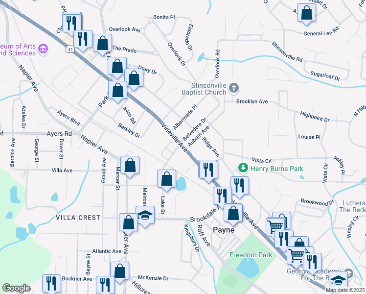 map of restaurants, bars, coffee shops, grocery stores, and more near 118 Lake Terrace in Macon