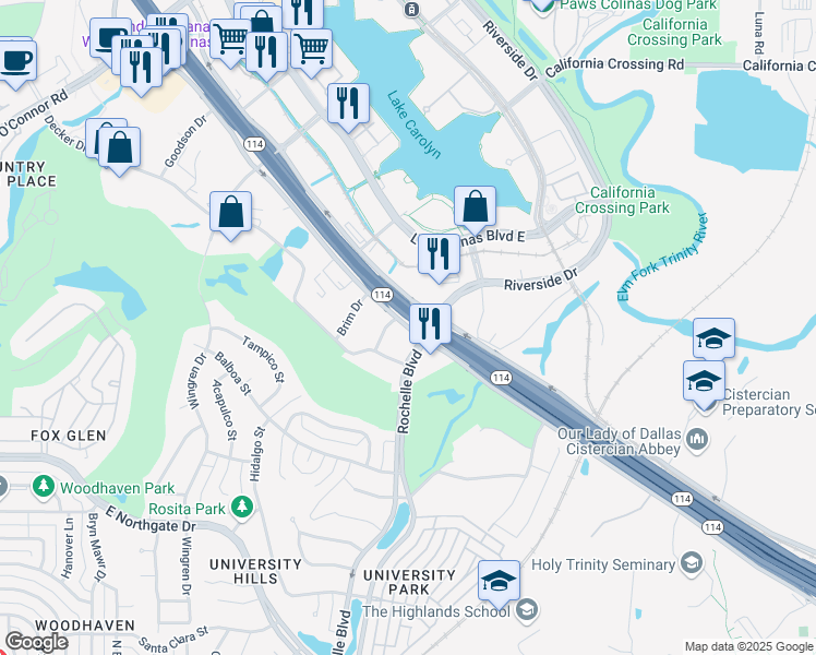 map of restaurants, bars, coffee shops, grocery stores, and more near in Irving