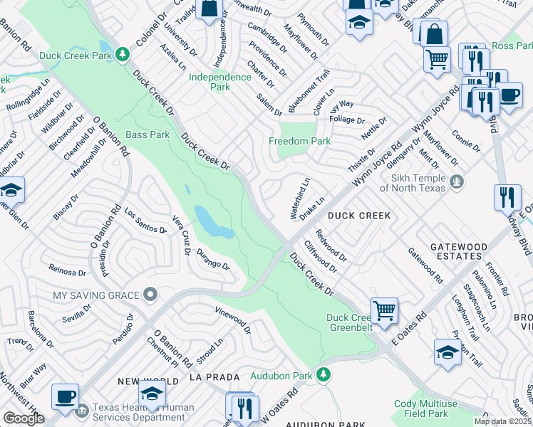 map of restaurants, bars, coffee shops, grocery stores, and more near 4433 Brightwood Drive in Garland