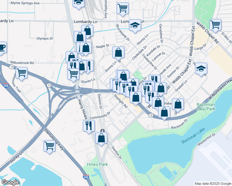 map of restaurants, bars, coffee shops, grocery stores, and more near 9825 Northwest Highway in Dallas