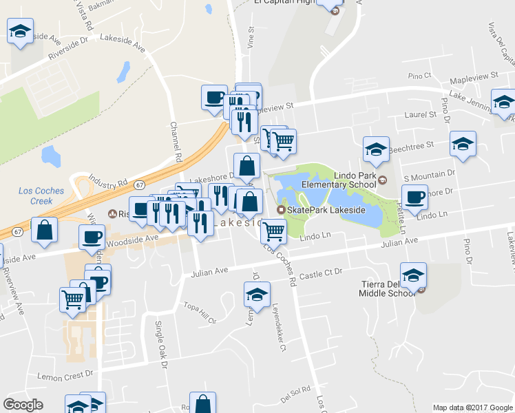 map of restaurants, bars, coffee shops, grocery stores, and more near 9825 Maine Avenue in Lakeside
