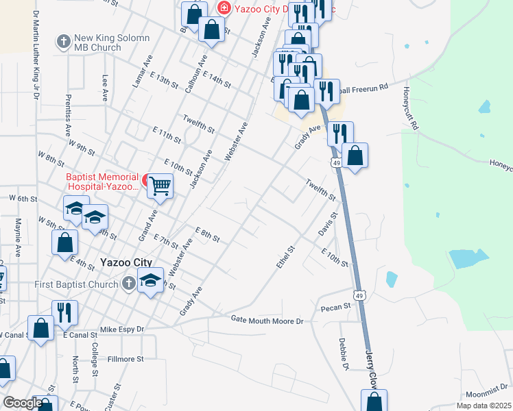 map of restaurants, bars, coffee shops, grocery stores, and more near 1006 East 10th Street in Yazoo City