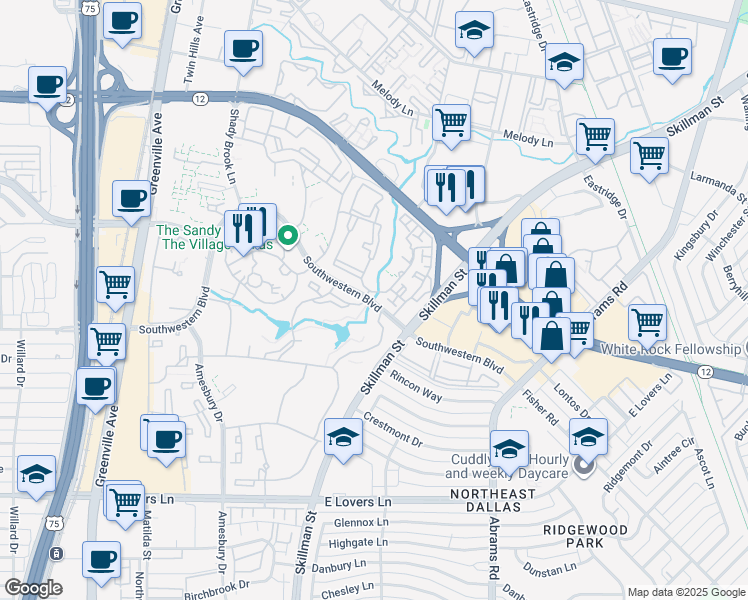 map of restaurants, bars, coffee shops, grocery stores, and more near 8827 Southwestern Boulevard in Dallas