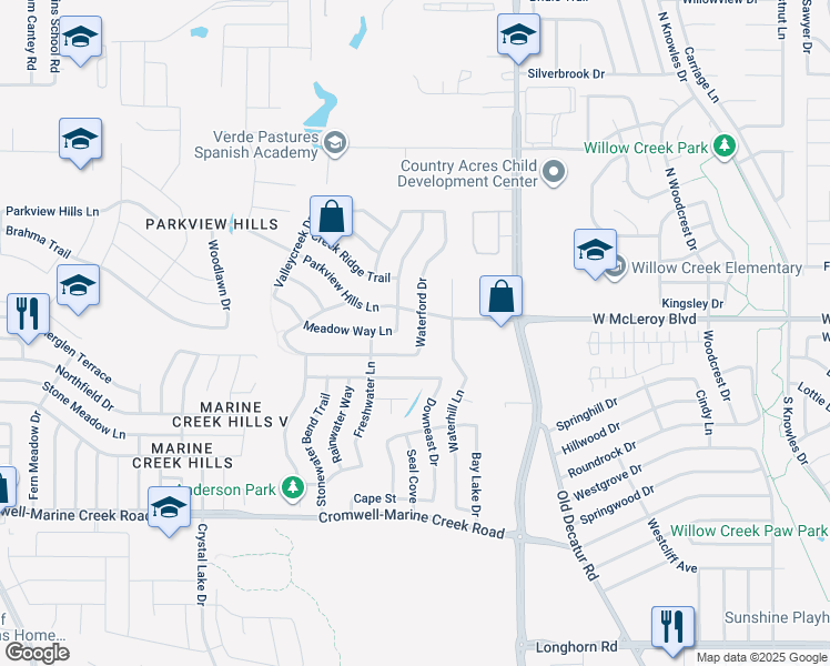 map of restaurants, bars, coffee shops, grocery stores, and more near 4820 Waterford Drive in Fort Worth