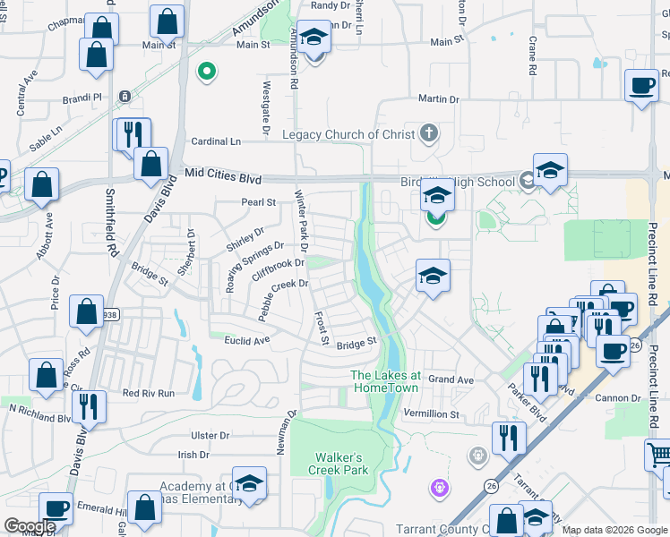 map of restaurants, bars, coffee shops, grocery stores, and more near 8613 Passionvine Street in North Richland Hills