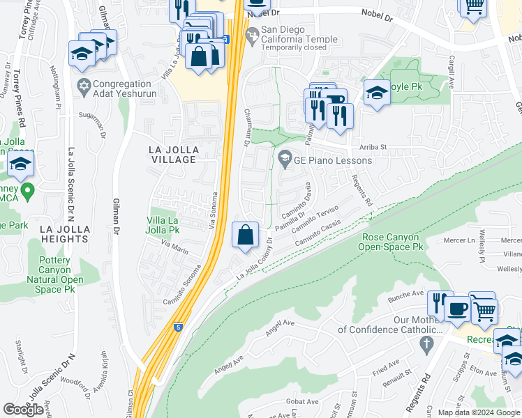 map of restaurants, bars, coffee shops, grocery stores, and more near 7162 Caminito Pantoja in San Diego