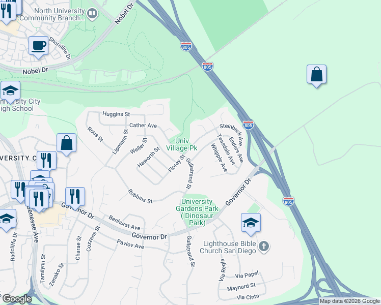 map of restaurants, bars, coffee shops, grocery stores, and more near 7103 Werner Street in San Diego
